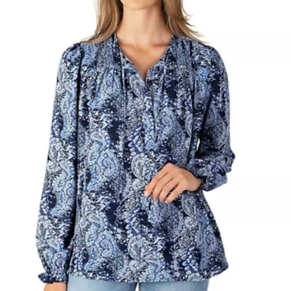 Joie Blue Long Sleeve Paisley Blouse with Mandarin Collar NWT L
